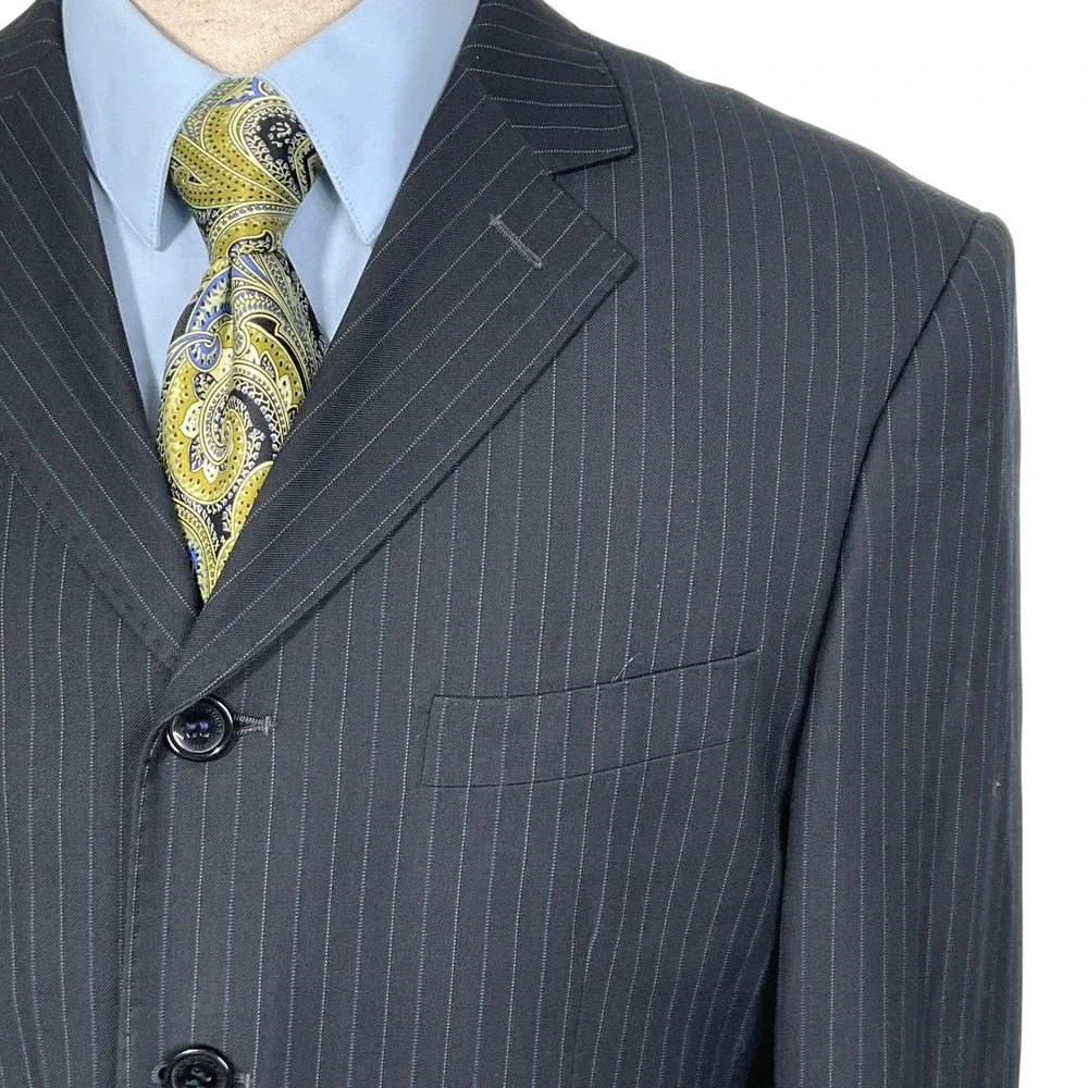 Giorgio Armani Blazer Men 42R Black Pinstripe Super 140s Wool 4 Button Italy‎
